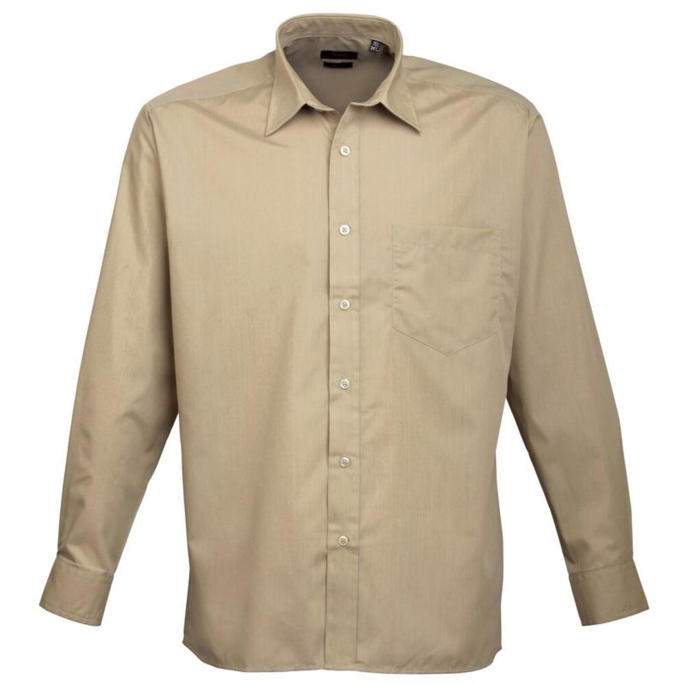 Premier Mens Long Sleeve Formal Plain Work Poplin Shirt / Khaki